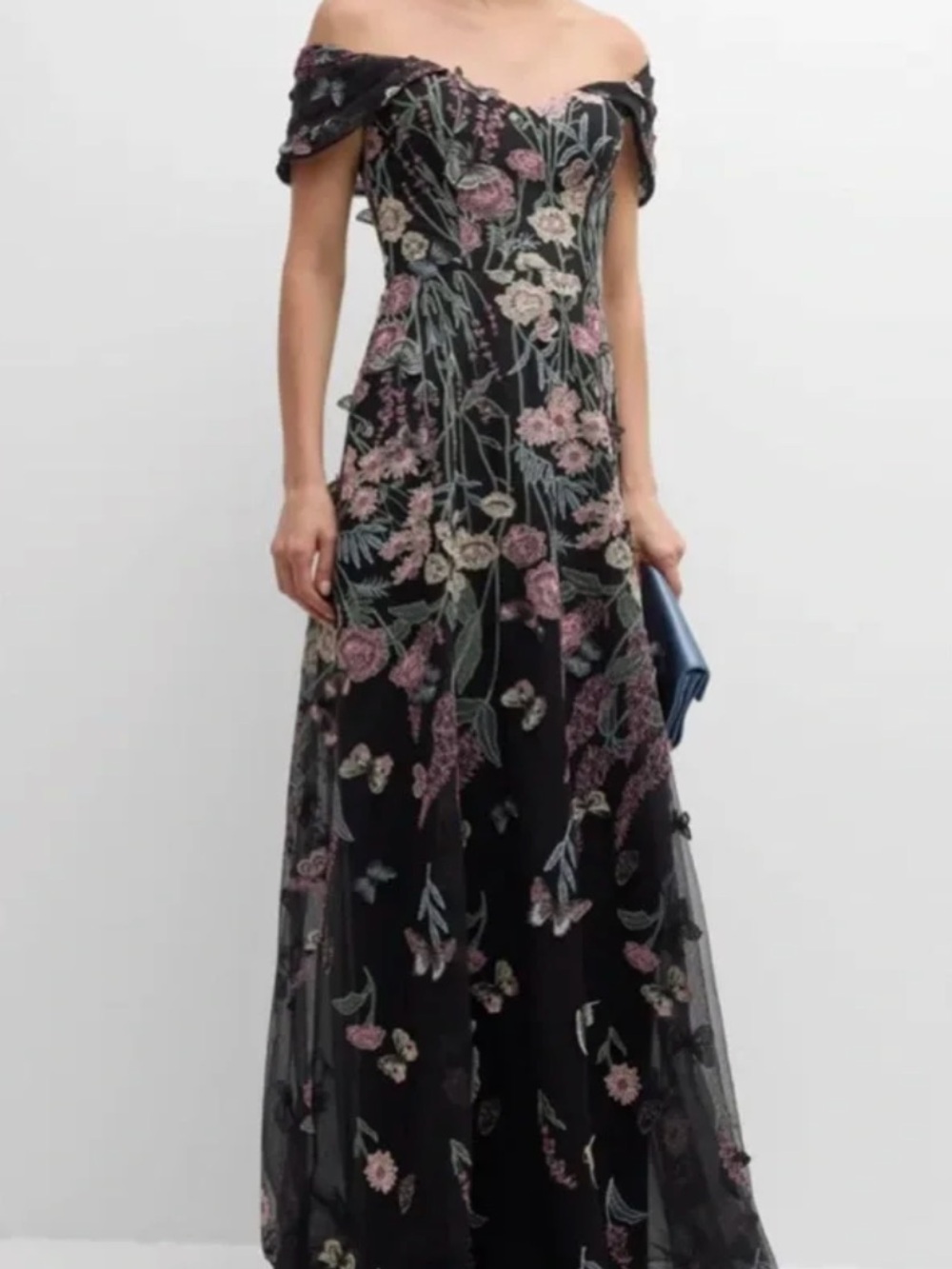 Teri Jon by Rickie Freeman Off-Shoulder Black Floral Embroidered Gown